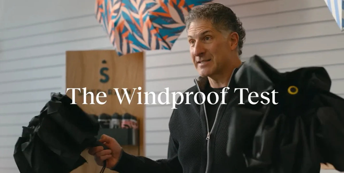 Load video: SHED RAIN's CEO explains why our Vortex Technology is the best out there and shows an easy way to test if an umbrella will flip in the wind.