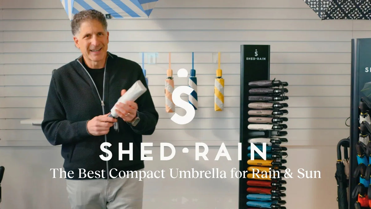 Load video: In this walkthrough, SHED RAIN President &amp; CEO Jeff Blauer breaks down the Super-Slim Compact Umbrella: our lightweight, travel-friendly umbrella designed for both rain protection and UPF 50+ sun protection.